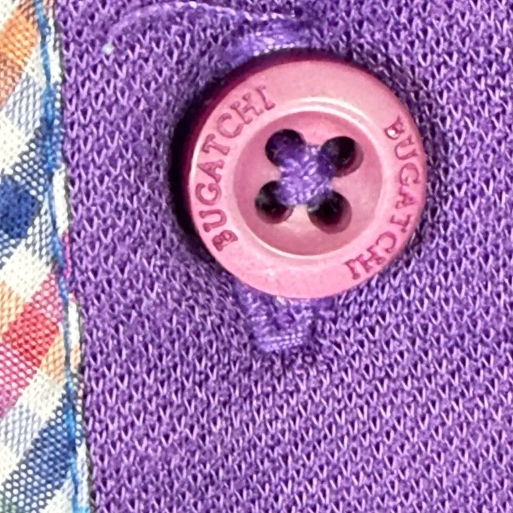 Bugatchi Uomo Polo Shirt M Purple Modal Blend Plaid Trim 3 Button Stretch